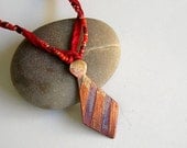 Striped Necktie Necklace - Etched Copper Necktie on a Red Beaded Necklace
