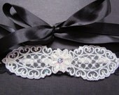 Floral Lace Sash with Appliques, Satin Ribbon and Rhinestones