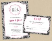 Printable Wedding Invite and RSVP -  Invitation Set - Charcoal and Berry Damask