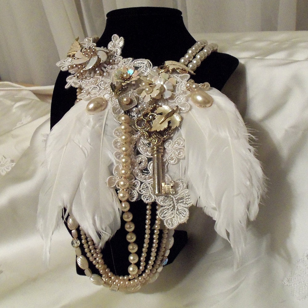 White Feather Bridal Bib, Steampunk Angel Choker,  Pearl Beaded Wedding Necklace, RESERVED for PHOTO SHOOT