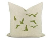 Bird pillow cover - Apple green flying bird silhouettes print on natural beige front and damask print back - 16x16 throw pillow cover