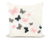 Decorative pillow cover, Baby nursery, Romantic bedroom, Children decor - Pink, grey and dark grey felt butterflies on white canvas in 16x16 - ClassicByNature