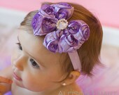 Lavender Baby Bow Headband - Petite Satin and Crystal Rosette Hairbow for Baby