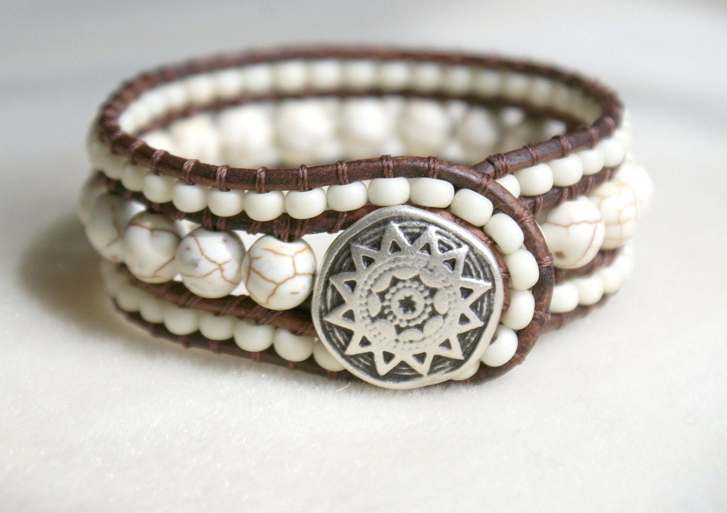 Beaded leather cuff bracelet, White Howlite bohemian beaded distressed leather wrap cottage boho shabby chic trendy jewelry, rustic
