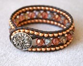 Pink Topaz beaded leather bracelet, Shabby chic, bohemian glam, rustic, copper, luxe, trendy jewelry