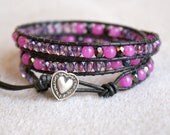 Bohemian beaded leather wrap bracelet, 3x Wrap, jade, pink, rose, fuchsia, tanzanite, black, jet, purple, silver heart, trendy jewelry