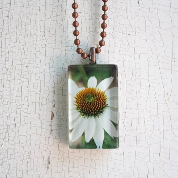 Glass Photo Pendant Necklace Summer White Cone Daisy Flower