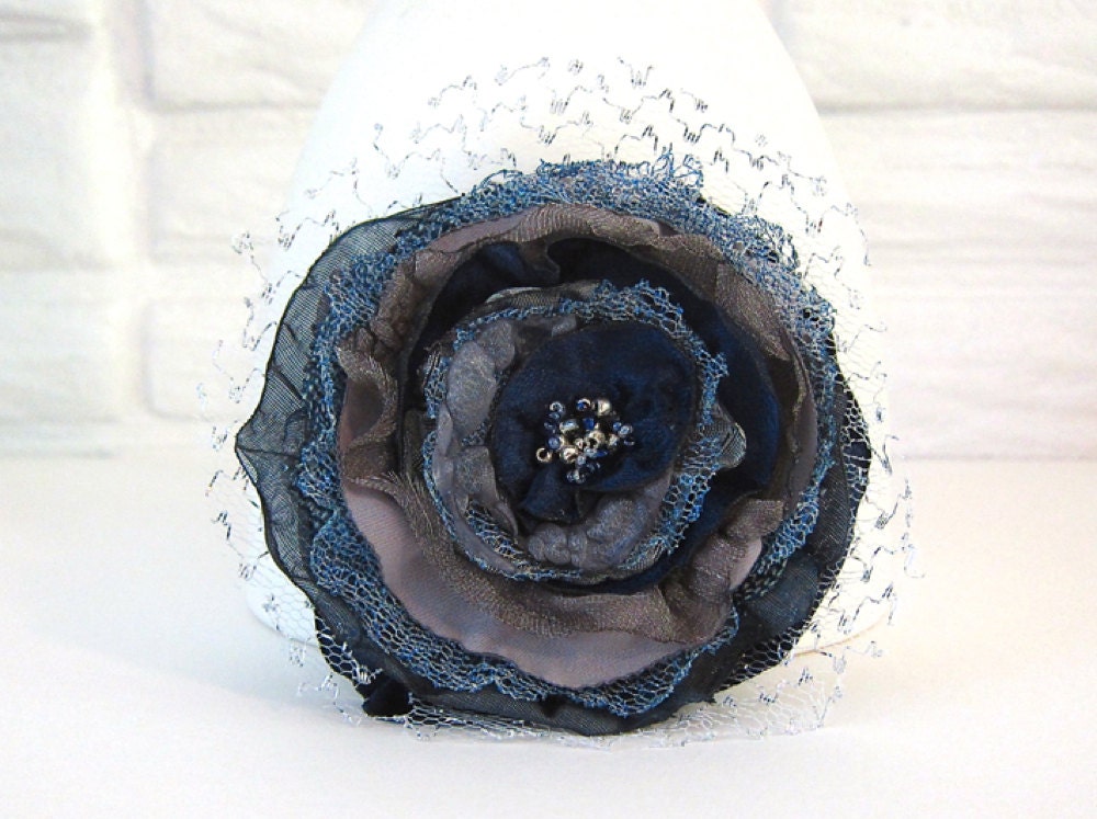 Fabric Flower- Navy, Silver, Gray, Blue - Flower Hair Clip or Flower Pin, Flower Brooch - Handmade - pop37