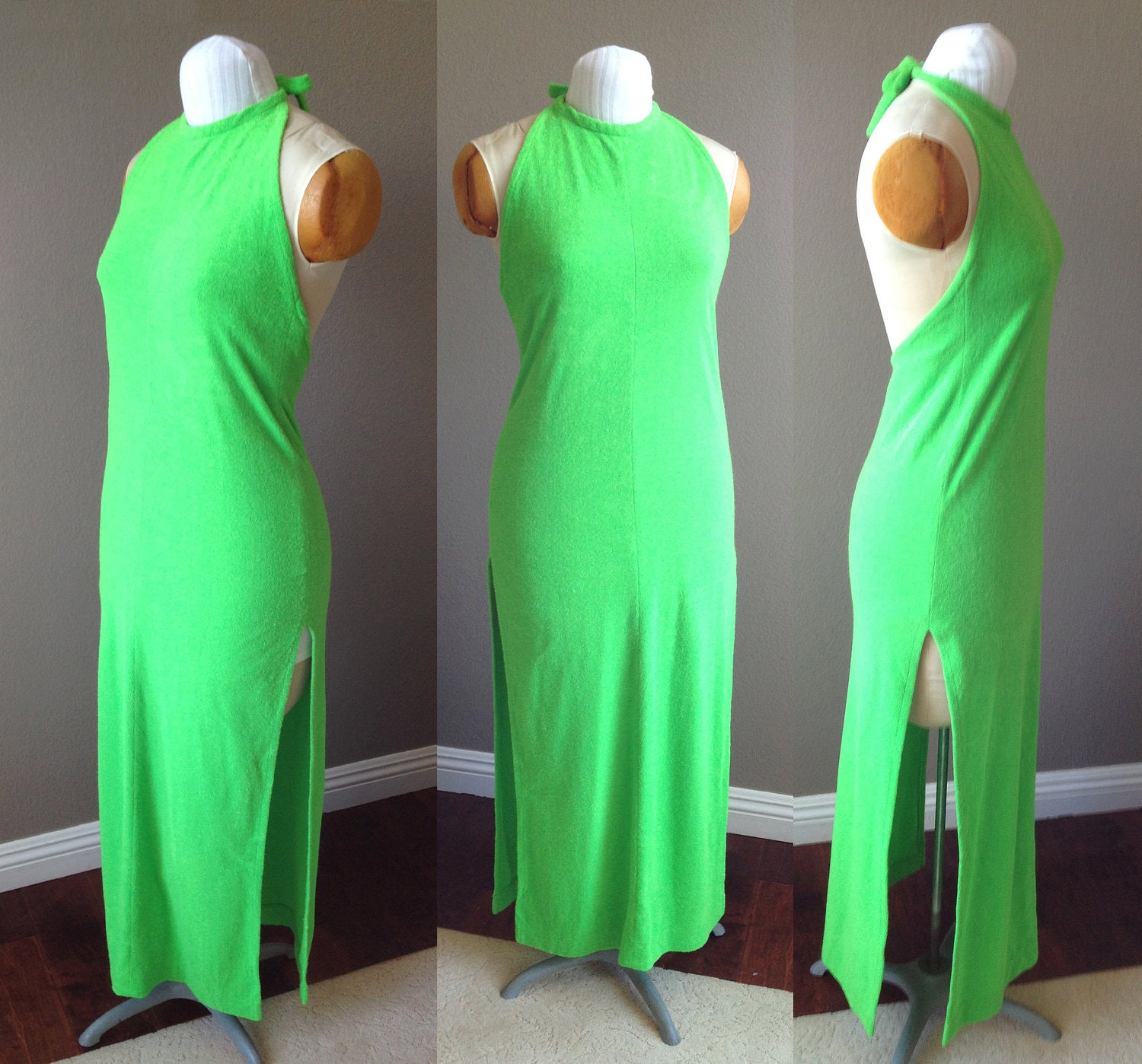 Circa 1975 Vintage Lime Green Terrycloth Maxi Beach Dress with Halter Neckline and Deep Side Slits, Made by Chantel of California, Size M