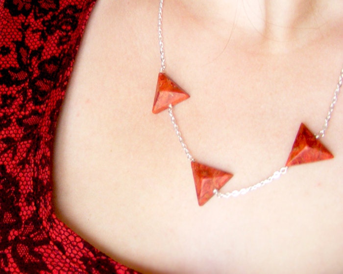 Coral arrow necklace, tribal triangle necklace, silver geometric jewelry, long coral necklace