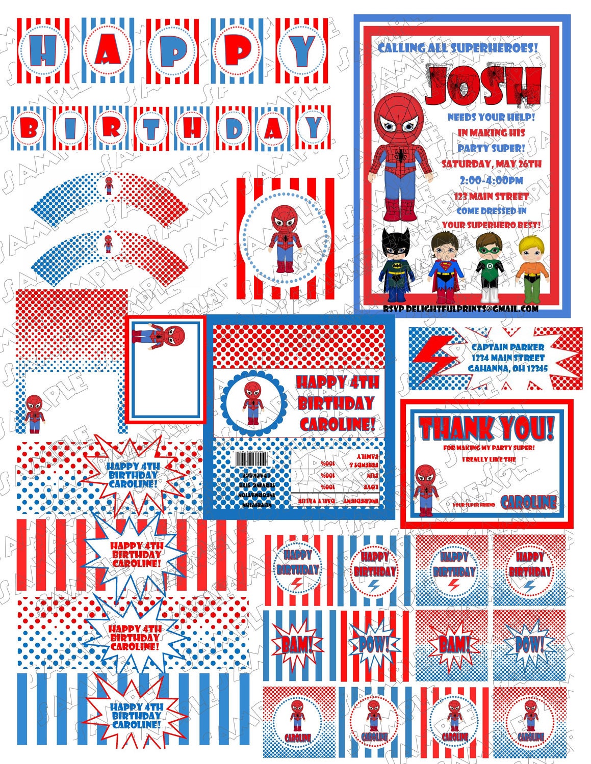 Spiderman inspired party complete party package printable with personalization by delightfulprints