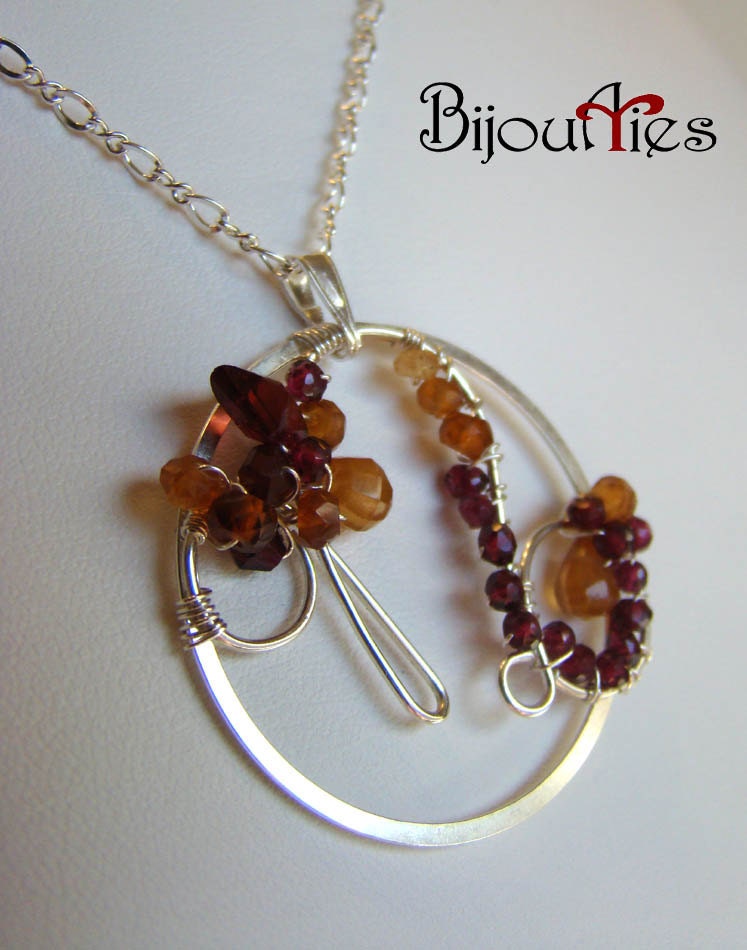 Sterling Silver adjustable chain necklace,Genuine Hessonite Garnet, genuine Garnet, gemstone wire wrapped pedant