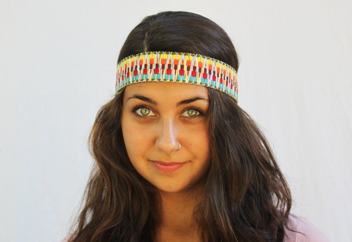 Tribal Hippie Headband - Geometric Indian Pattern. Chevron, Festivals, Native American Pattern, Bohemian Headband, Bonnaroo 2013