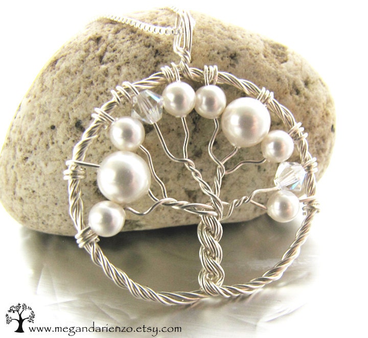 Cherry Blossom Necklace, White Pearl Tree of Life Necklace, June birthstone
