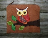 little owl & green leaves zipper pocket pouch Wallet. mp3 player, iPod Nano handmade one-of-a-kind