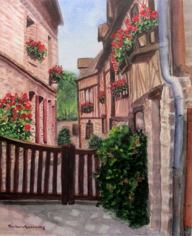 Country Village, Barbara Rosenzweig, Art Print, Etsy, Red Yellow Flowers, Reproduction of Original Watercolor Painting