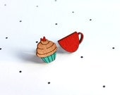 Wooden Laser Cut Cupcake Tea Cup Earrings