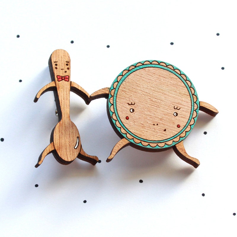Wooden Laser Cut Dish and Spoon Brooch