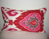 Designer Decorative Throw Pillow Cover - 13 x 22  Hot Pink, Red, Orange and Grey Ikat (more sizes available)