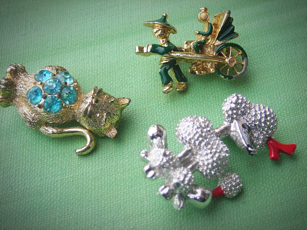 Vintage Figural Pin Lot- 1950s Poodle, Kitty, Rickshaw