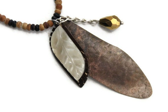 Natural Tone Leaf Antique Style Unisex Exotic Wood Brown Beaded Amazon Necklace