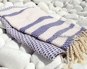 Turkishtowel-Highest Quality Pure Organic Cotton,Hand Woven,Bath,Beach,Spa,Yoga Towel or Sarong-Mathing-Natural Cream and Navy,Sailor Blue