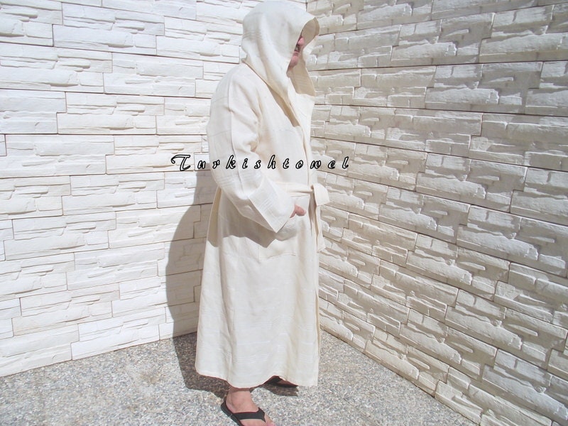 Make to Order-Turkishtowel-Plus Size BATH ROBE-Pure Cotton,Bath,Spa,Yoga,Travel From Peshtemal-Natural Cream Stripes on Natural Cream