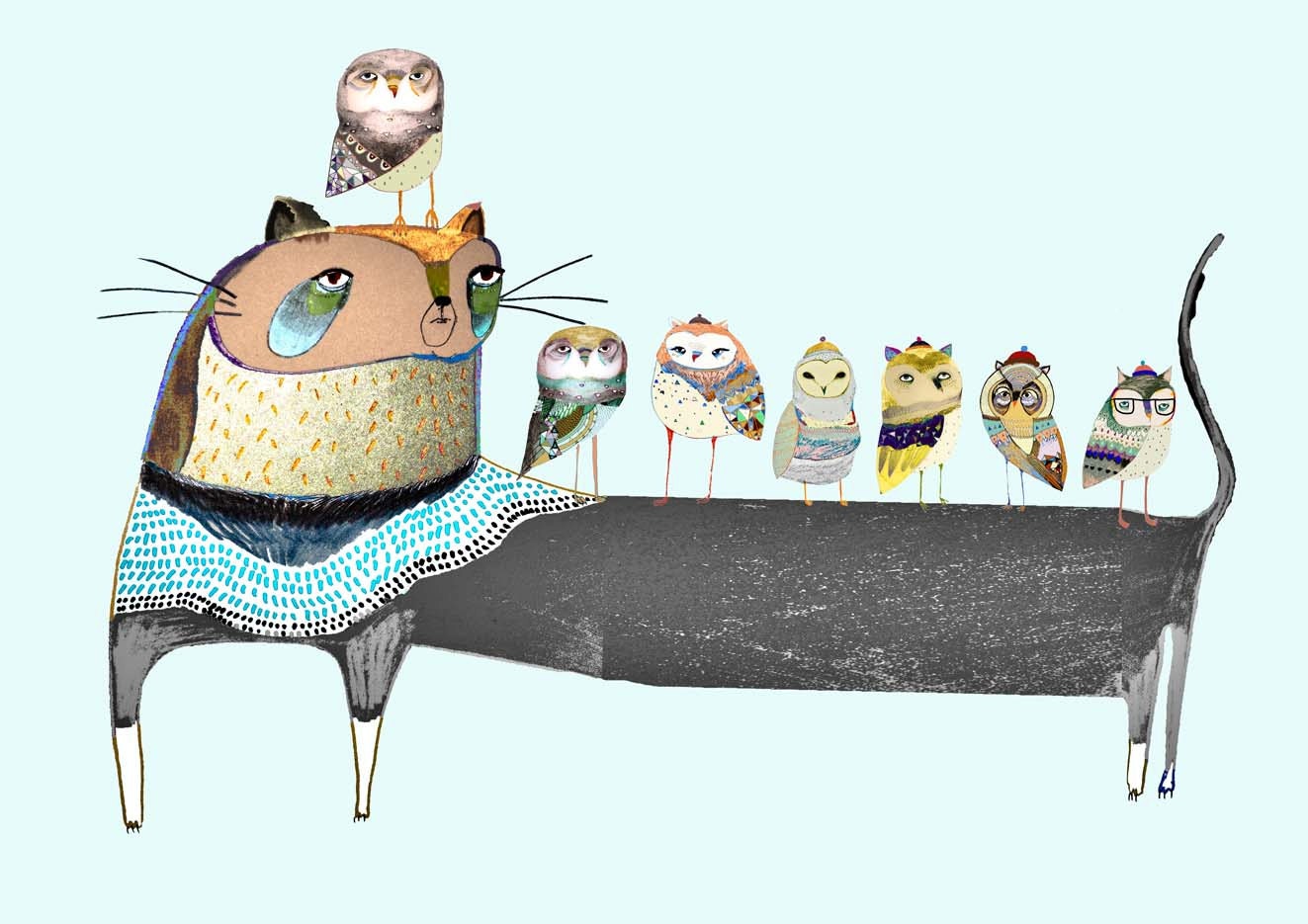 The Beautiful Cat and Owls. limited edition art print by illustrator Ashley Percival. Cat Art Print.