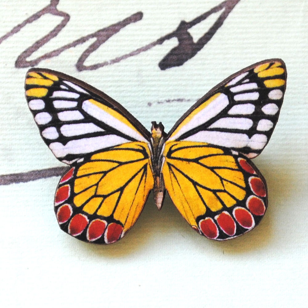 Vintage Wooden Butterfly Decoupage Brooch - Painted Jezebel Yellow, White & Red