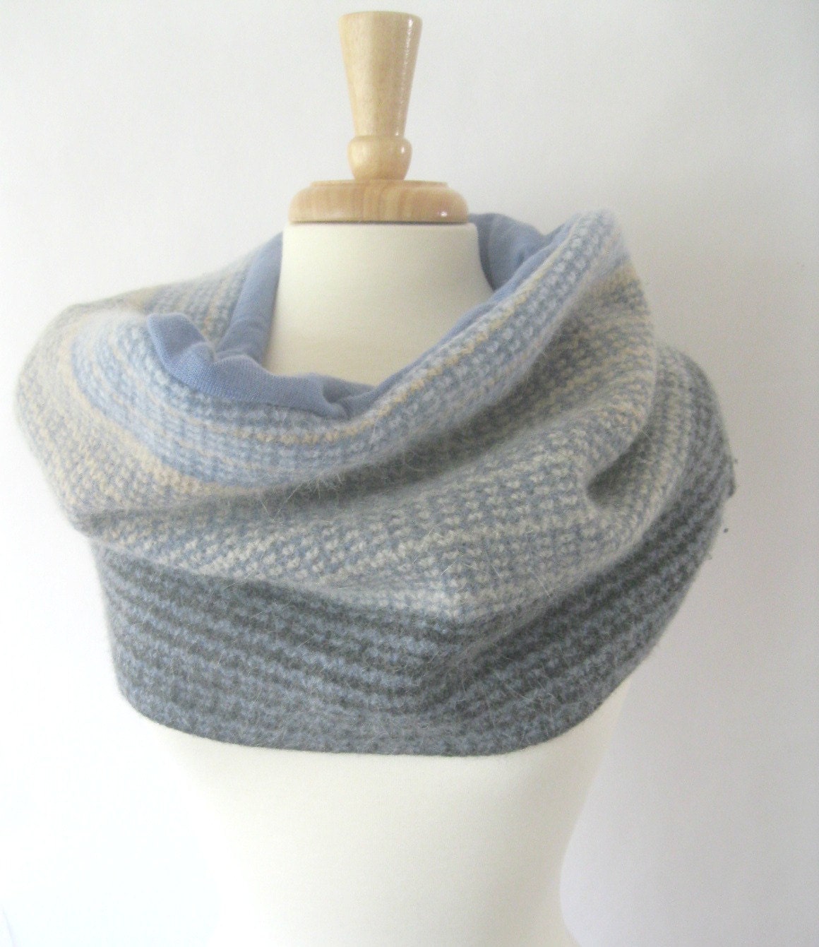 Wool Snood Infinity Scarf Reversible Cowl - Blue Cream and Gray Texture : Upcycled Recycled Repurposed Fall Fashion - SewEcological