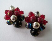 Vintage 60s Retro Kitsch Signed West Germany Ruby Red Goldtone Gold Tone Black Aurora Borealis Bead Beaded Cluster Earrings