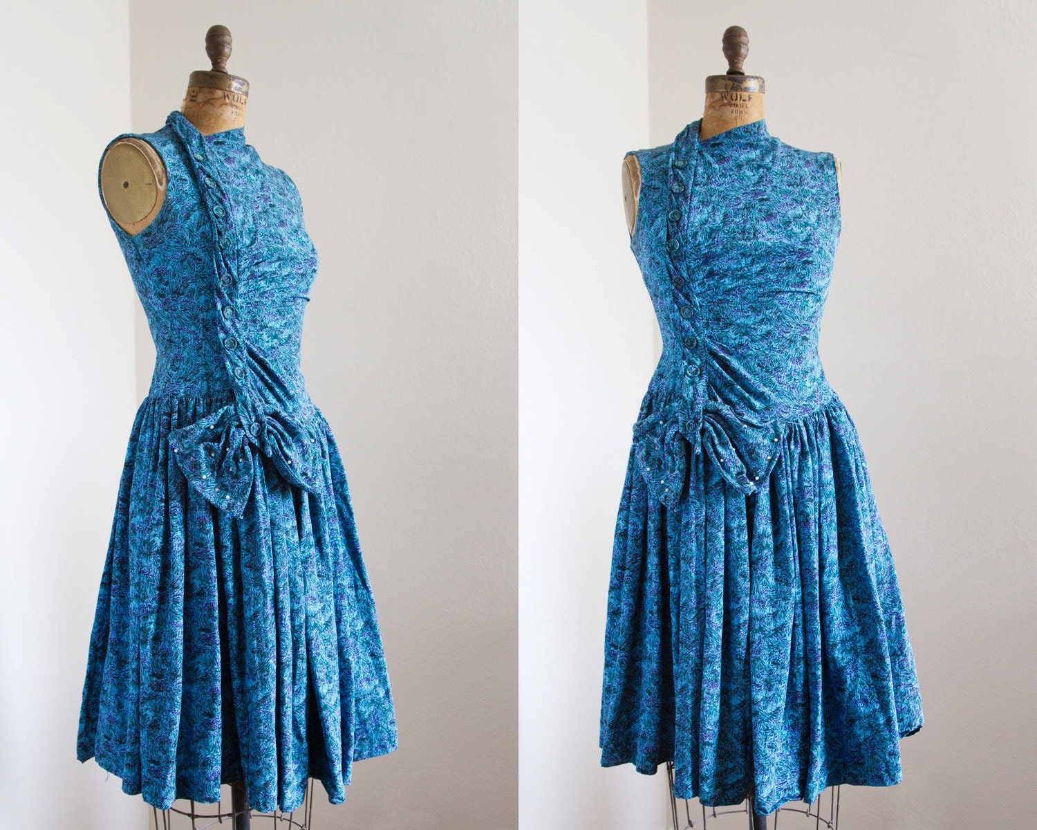 1950s Dress - 50s Dress - Painterly Printed Party Dress