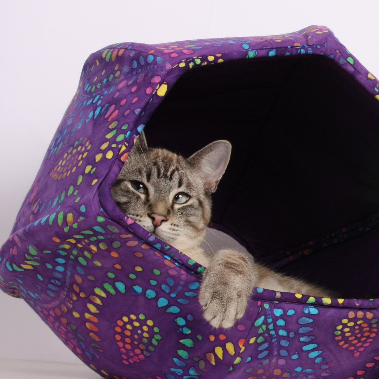 Cat Ball Kitty Cave Bed in Purple Batik