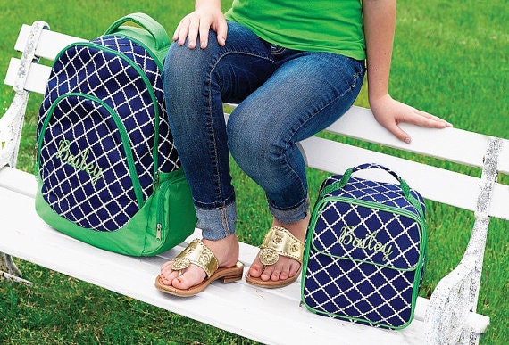 Monogram Navy Backpack with Green for kids, Personalized Bookbag