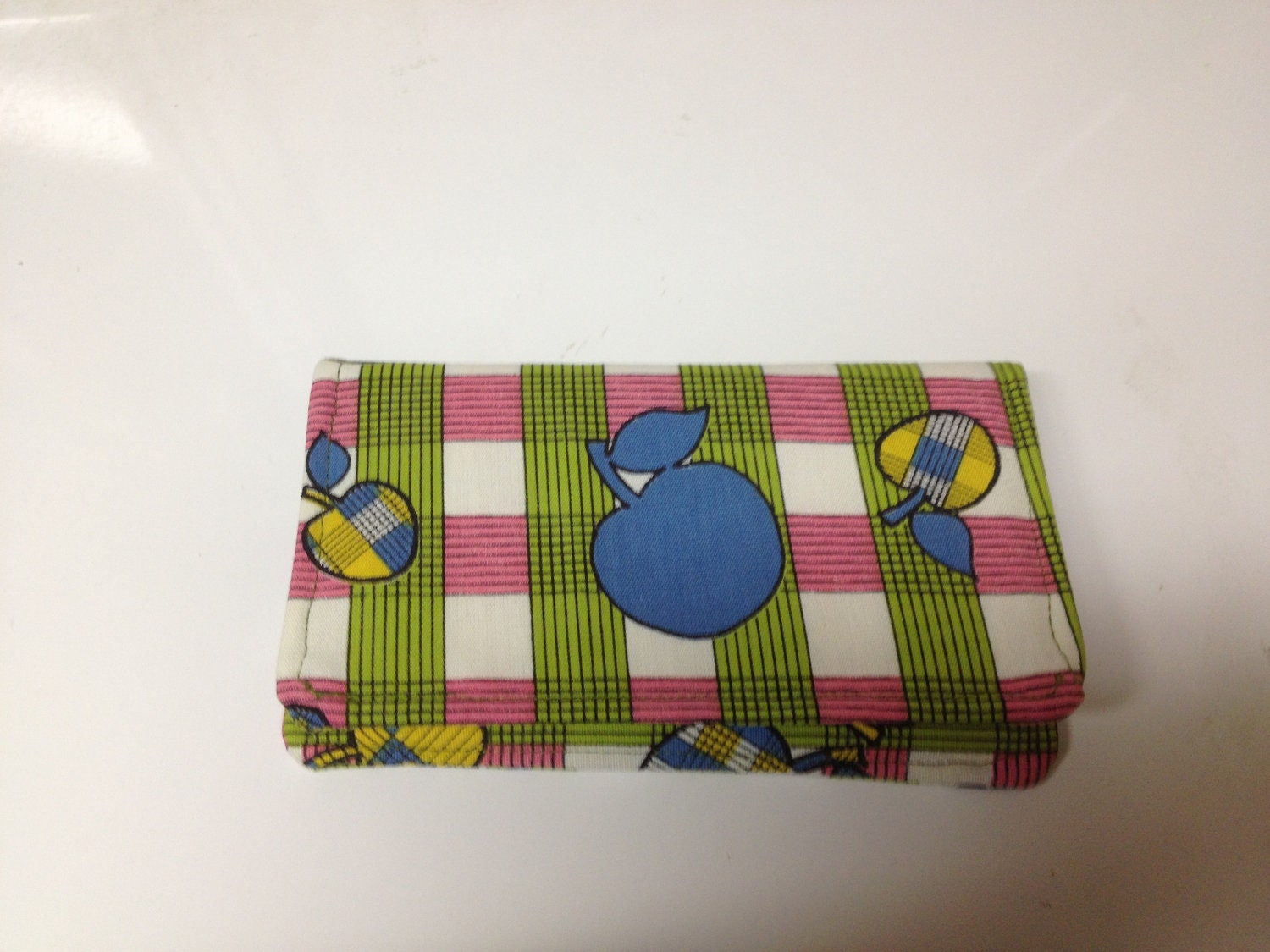Sale Checkbook Cover Retro Green Pink Yellow Apple Print Fabric Checkbook Cover