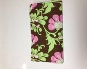Sale Checkbook Cover Green Pink Flowers on Brown Print Fabric Checkbook Cover