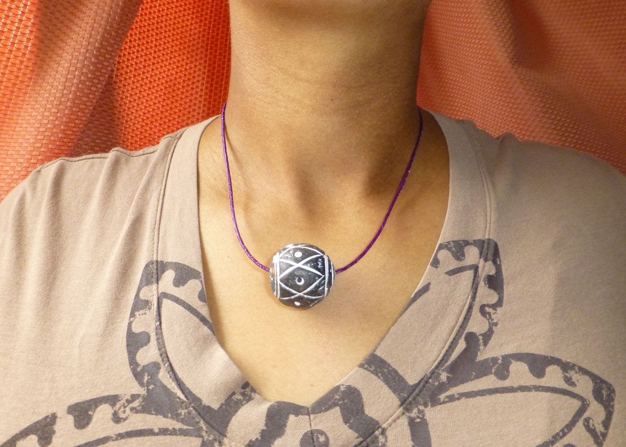 African purple raffia cord and mali terracotta carved clay necklace by Fianaturals
