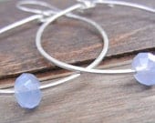 Light Periwinkle Blue Sterling Silver Hoop Earrings, Chalcedony Gemstone Earrings, Medium SIlver Hoops