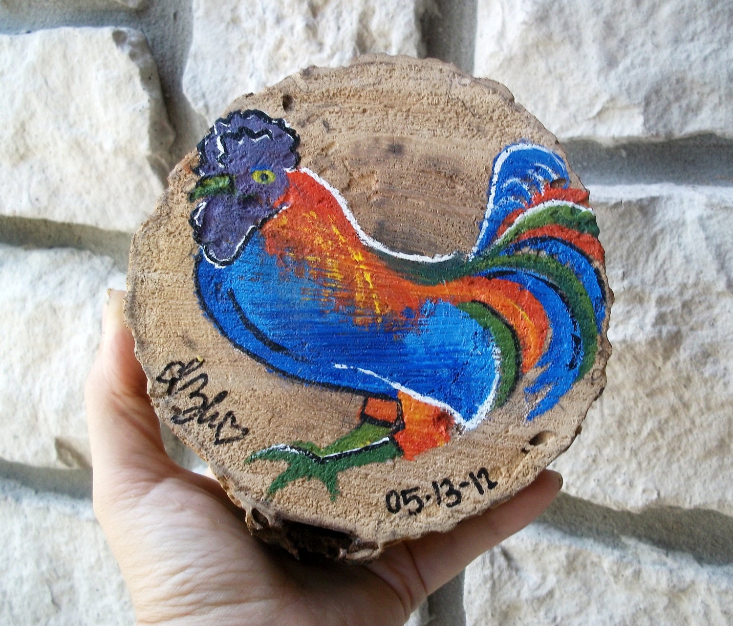 Blue Chicken Painting on Wood / Whimsical Geeky Rooster / Shabby Chic Country Cottage