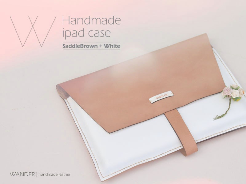 Handmade Ipad Sleeve - Saddlebrown and White