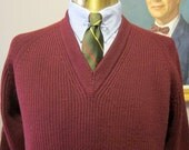 1960s Maroon Wool Heavy Knit Raglan Sleeve V-Neck Sweater Medium by Saks
