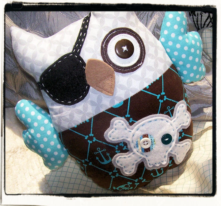 PIRATE OWL Plushie - Brown, Grey, White, Teal