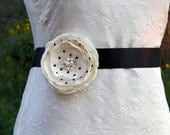 SALE Lucy- Black and Ivory Polka dot Blossom Wedding Sash with pearls, rhinestones accents.... Bridal, Prom, Ball