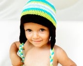 Crocheted baby hat in bright colors-light blue, electric blue, green, white and brown ,  accessories autumn / winter, READY TO SHIP