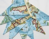 Map Fabric Bunting Nautical Antique Style Atlas Sky Blue  9 double sided Pennant Flags 8 foot long plus ties New Handmade