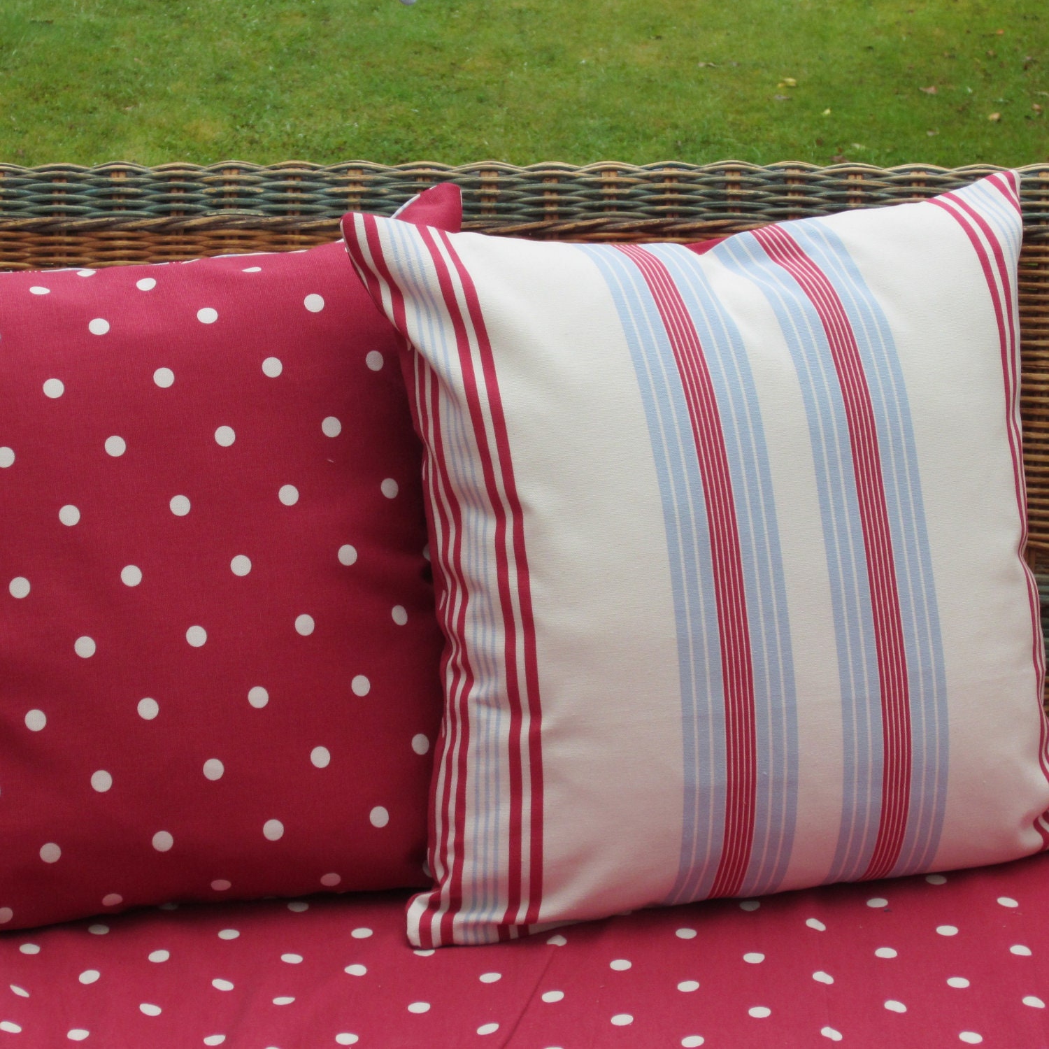 Cushion Covers Pillow Slips Nautical Style Off White Blue and Red Stripe backed in Red Dotty Fabric Set of Two