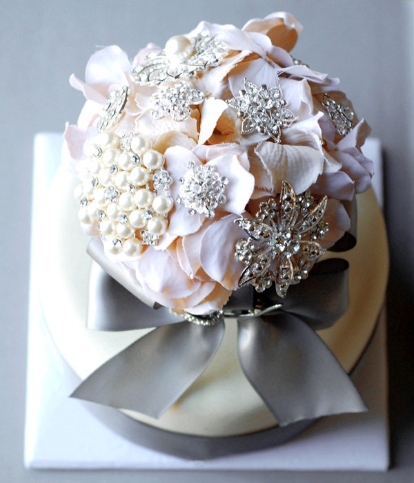 Vintage Bridal Brooch Bouquet Wedding Cake Topper - Pearl Rhinestone Crystal - Silver Peach Grey - 55% off - CT001LX