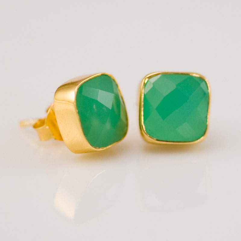 Stud Earrings - Cushion Cut Chrysoprase Stud Post Earrings - Gold Stud Gemstone Earrings