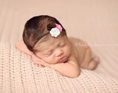 Baby Headband-  Pink Brown and White Felt Flowers on Skinny Brown Elastic Headband