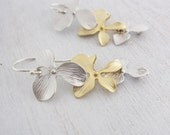 Cascading Silver and Gold Flower Orchid Earrings, Argentium Sterling Silver Hoops, Two Tone Earrings, Gift Under 25, Wedding